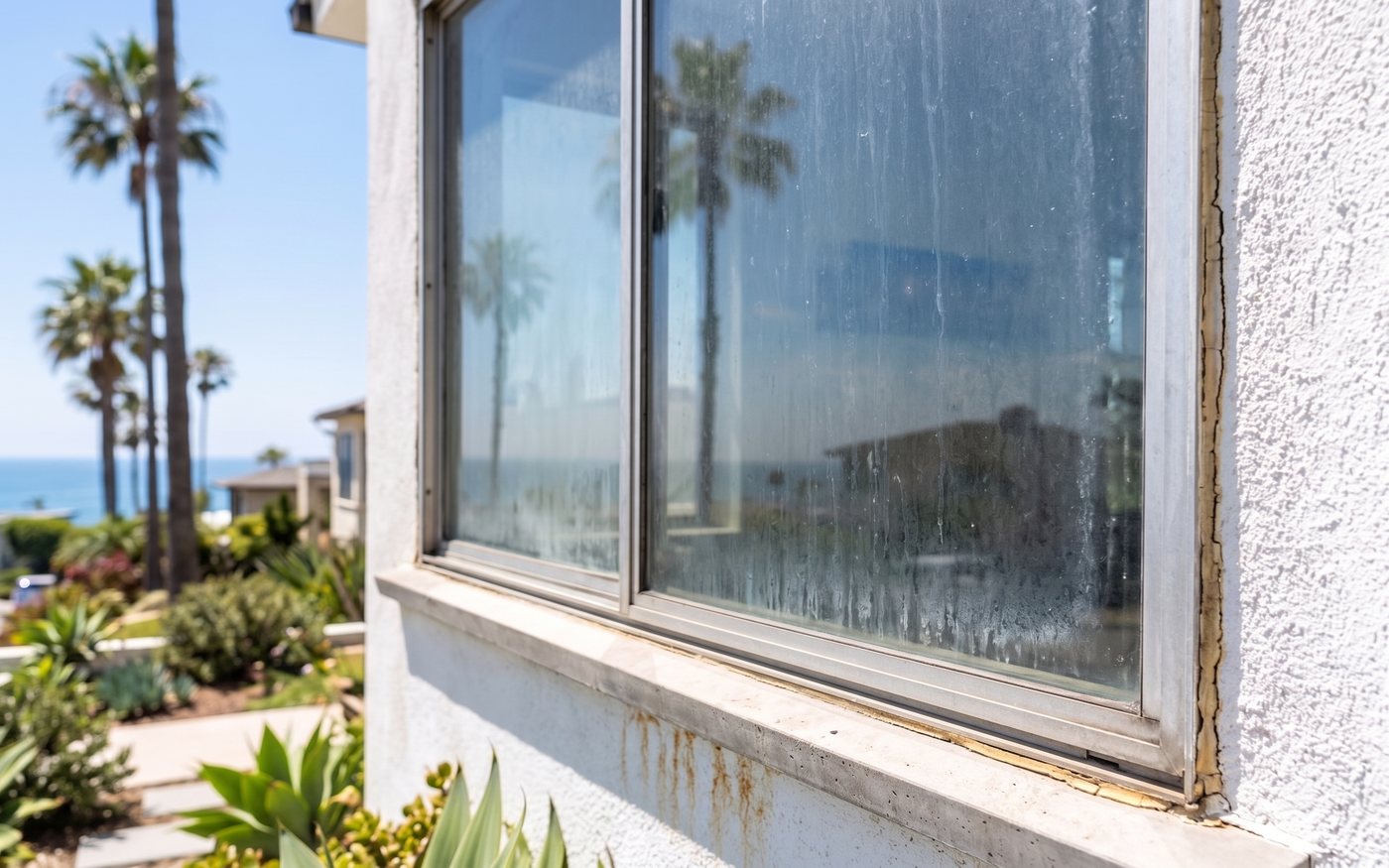 The same window opening before replacement, with an aged aluminum frame
