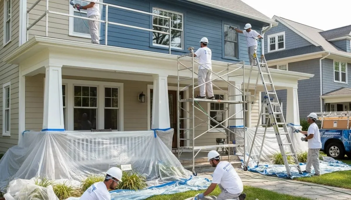 Painting crew preparing a room with drop cloths