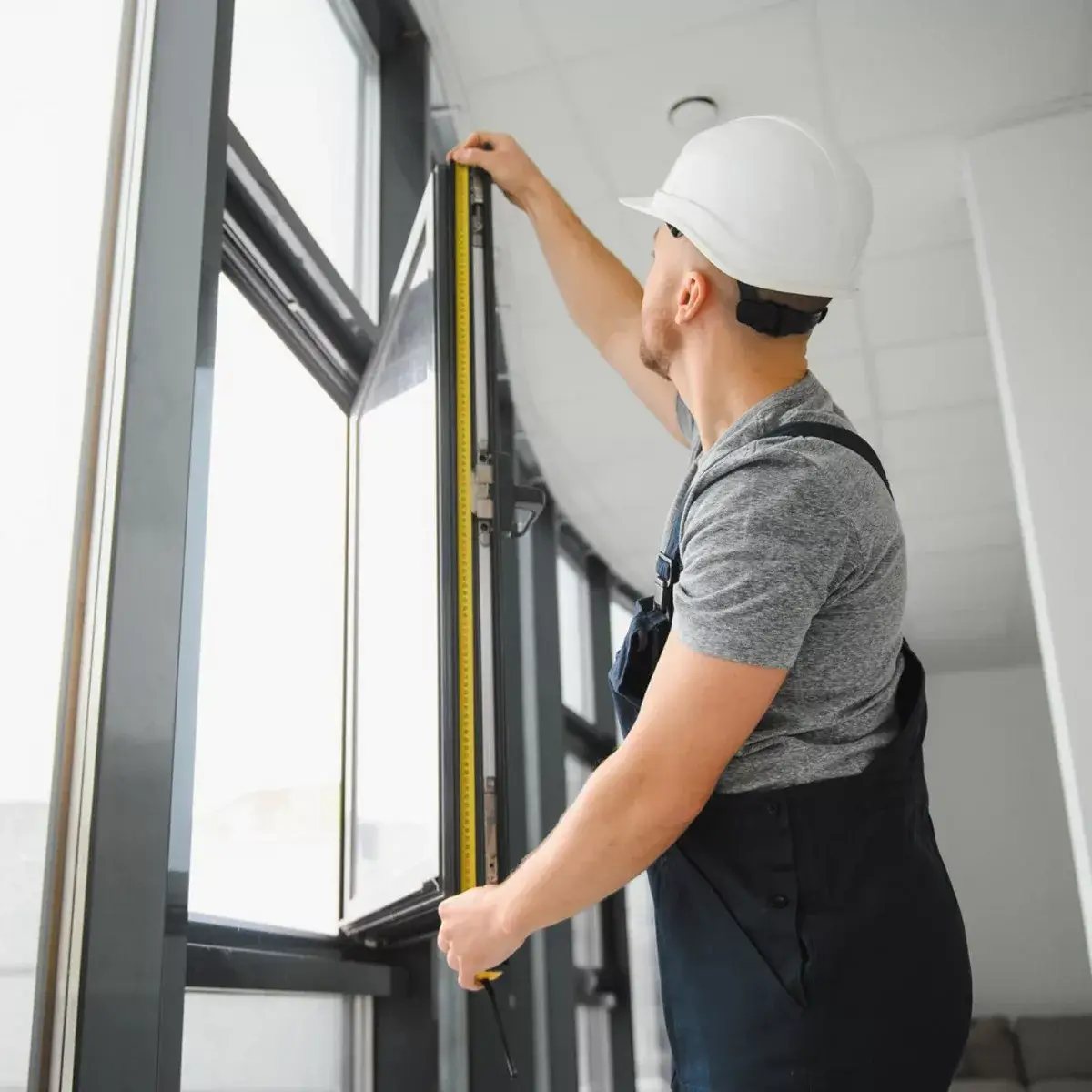 Installer fitting a window into place
