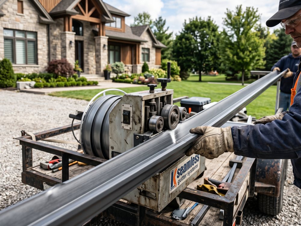 Seamless gutter machine forming a gutter run at a job site
