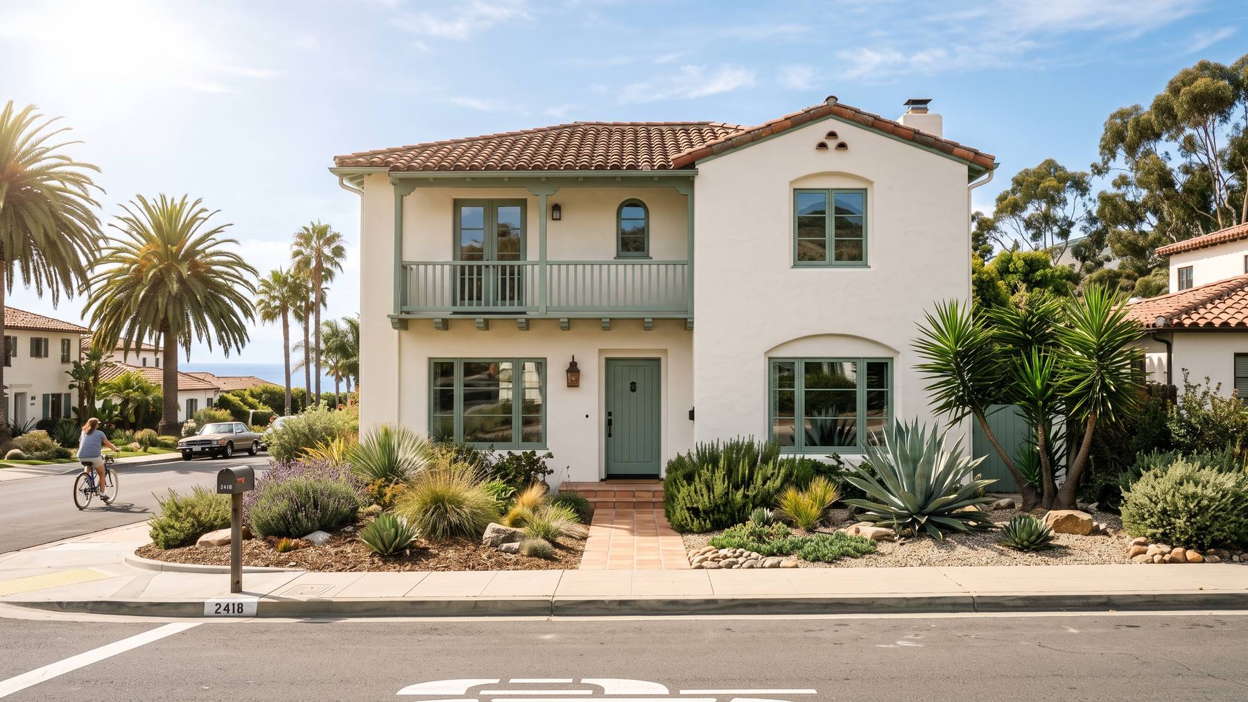 Freshly painted two-story coastal home with sage green trim and balcony