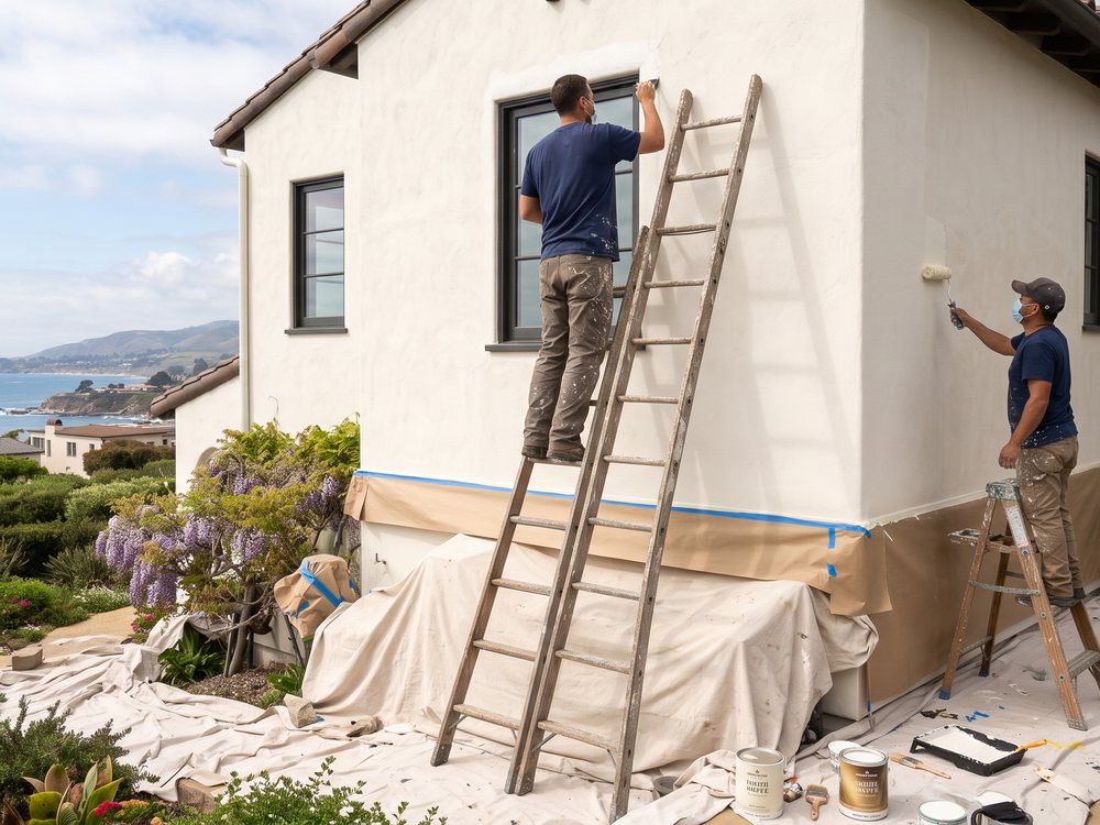 Painters rolling and cutting in a wall on a home overlooking the coast