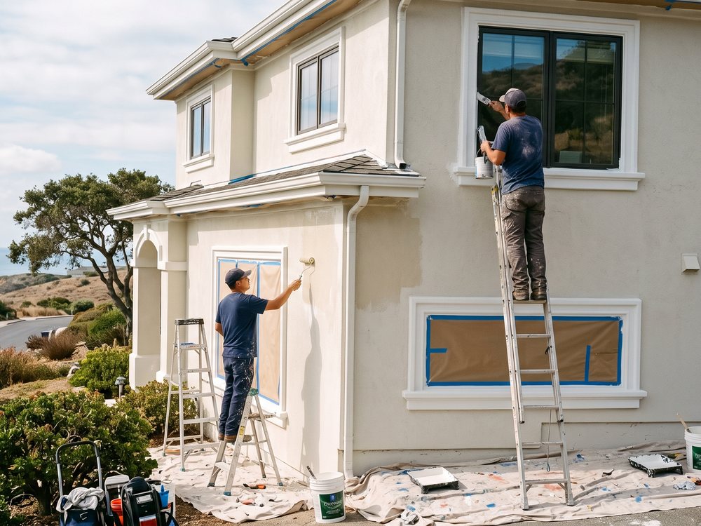Painters on ladders cutting in trim and rolling walls on a coastal home