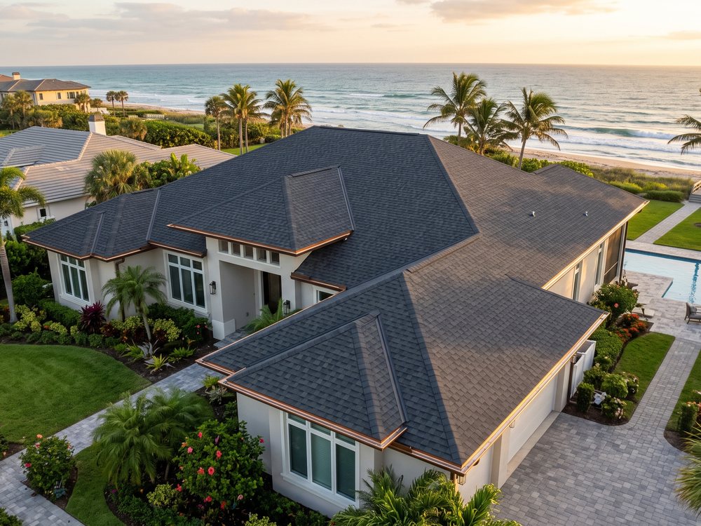 Finished shingle roof on a coastal home near the beach