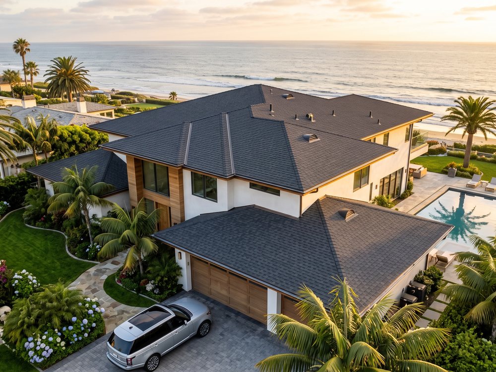 Finished roof on a coastal estate at sunset