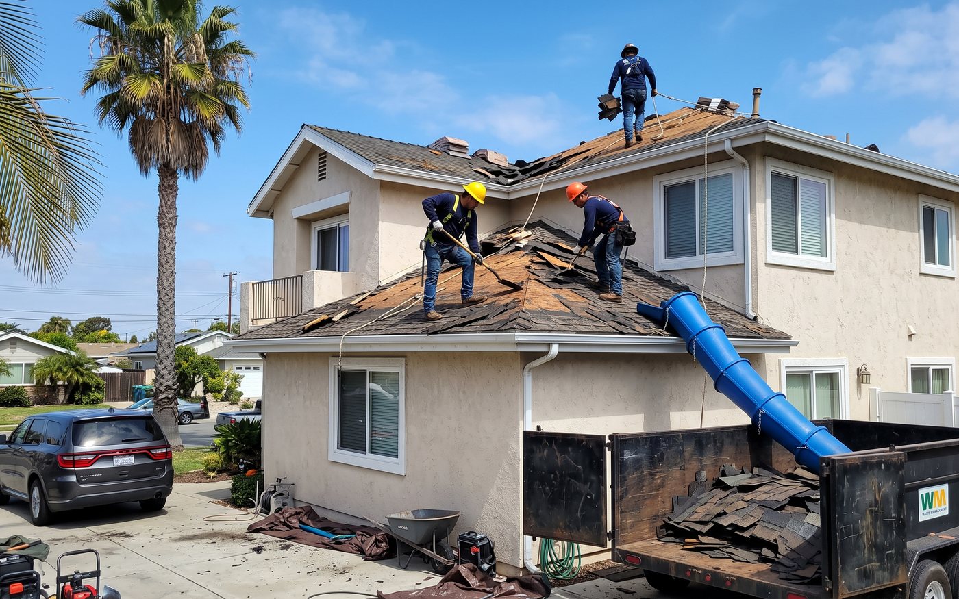 Roofing crew mid tear-off on an older Southern California home, prepping for a full re-roof