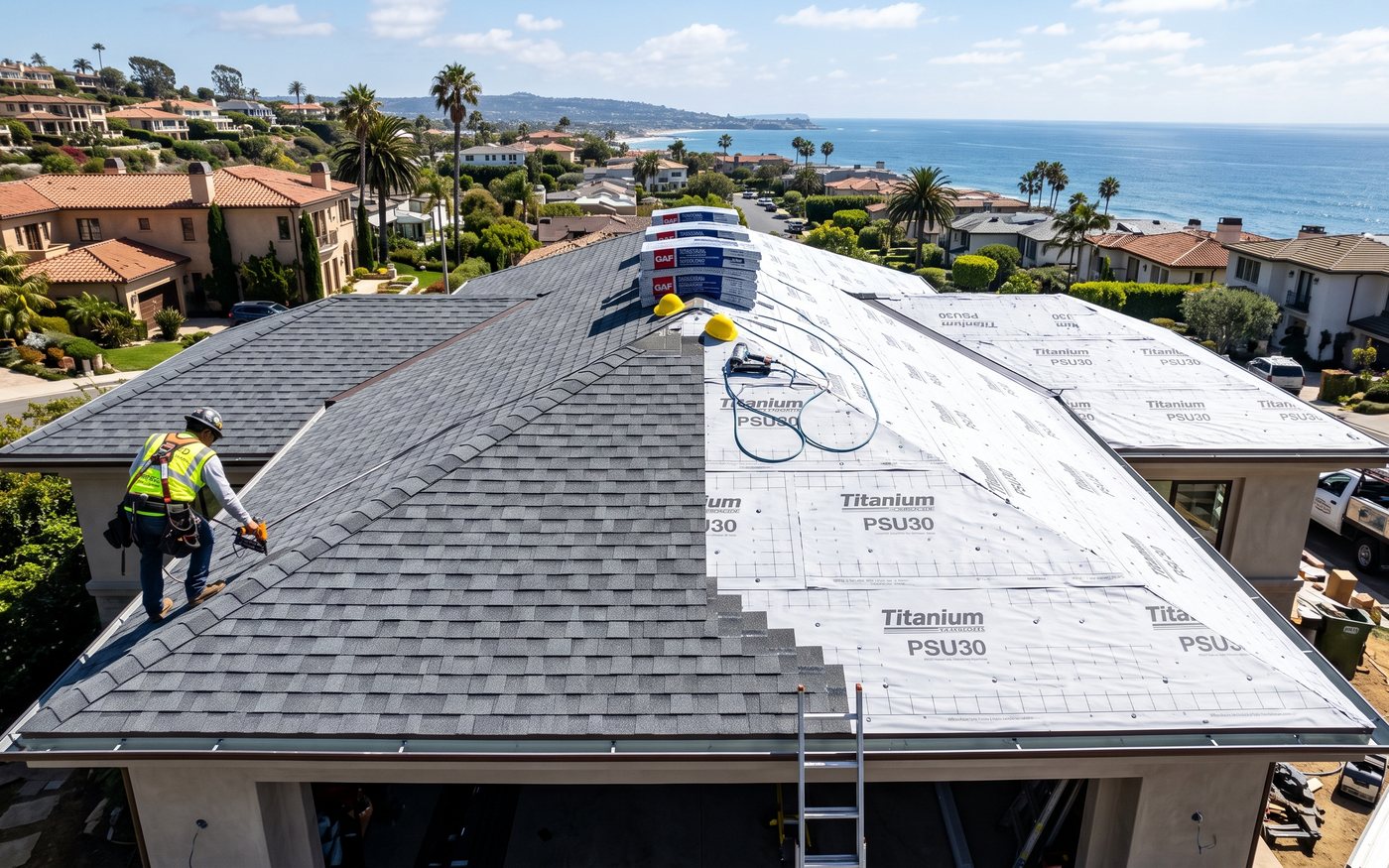 Aerial view of a roof mid installation, secured and fastened for real wind exposure