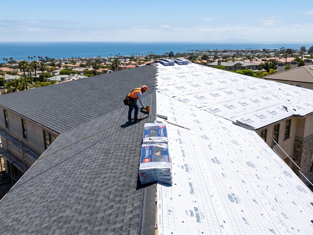 Hip roof half fresh underlayment and half new shingles