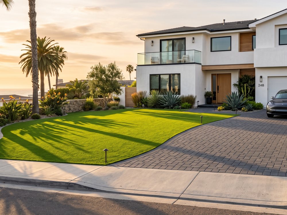 Finished artificial turf lawn with paver driveway and a car parked in front of a modern home