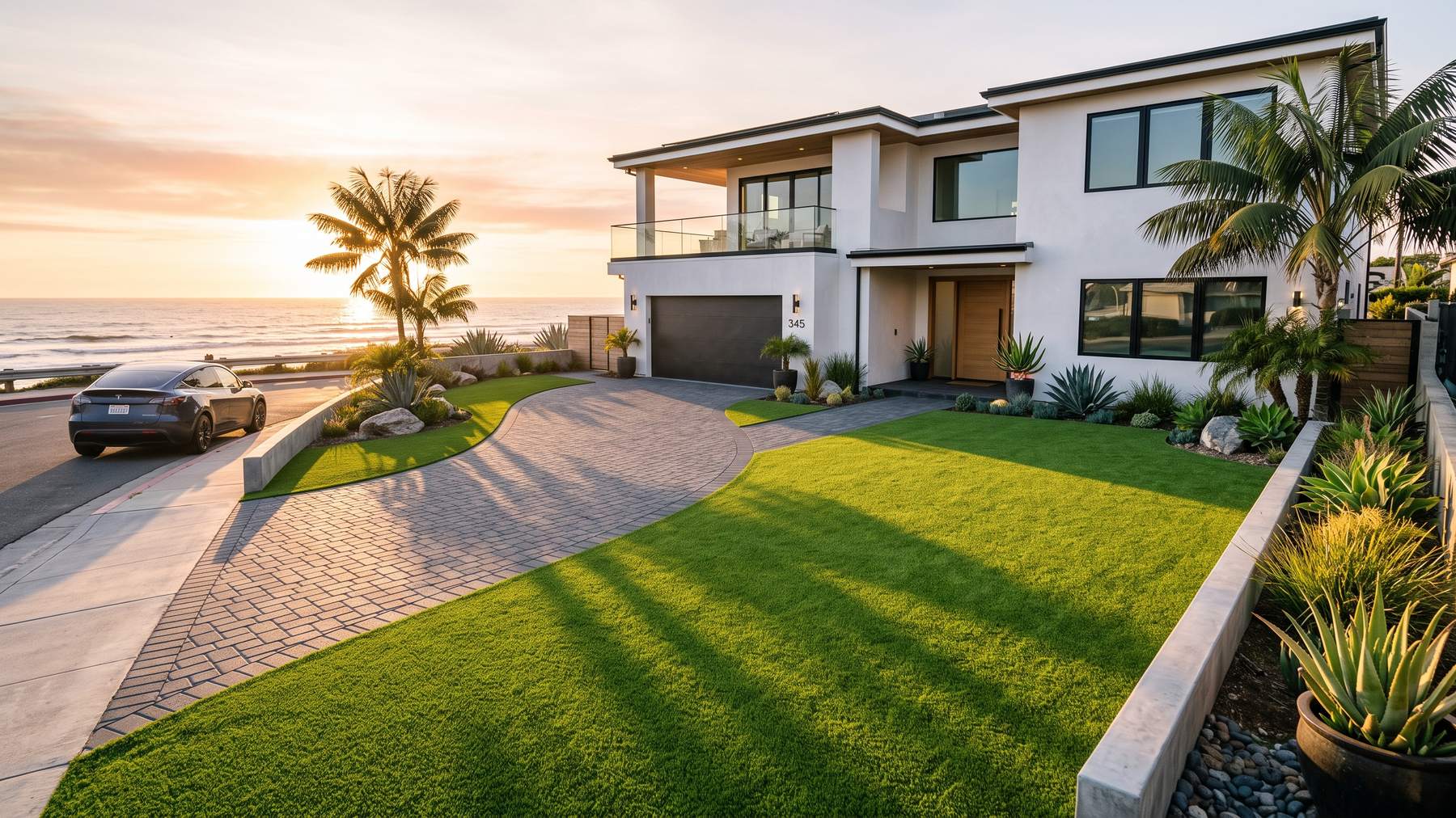 Finished artificial turf lawn and paver driveway on a modern coastal home at sunset