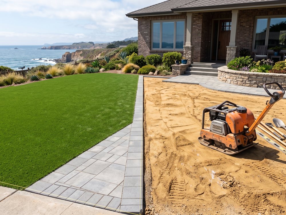 Front yard mid transformation with compacted base on one side and finished turf and pavers on the other