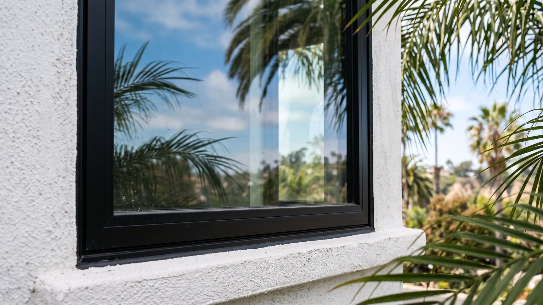 New black framed window on a white coastal home with palm trees reflected in the glass