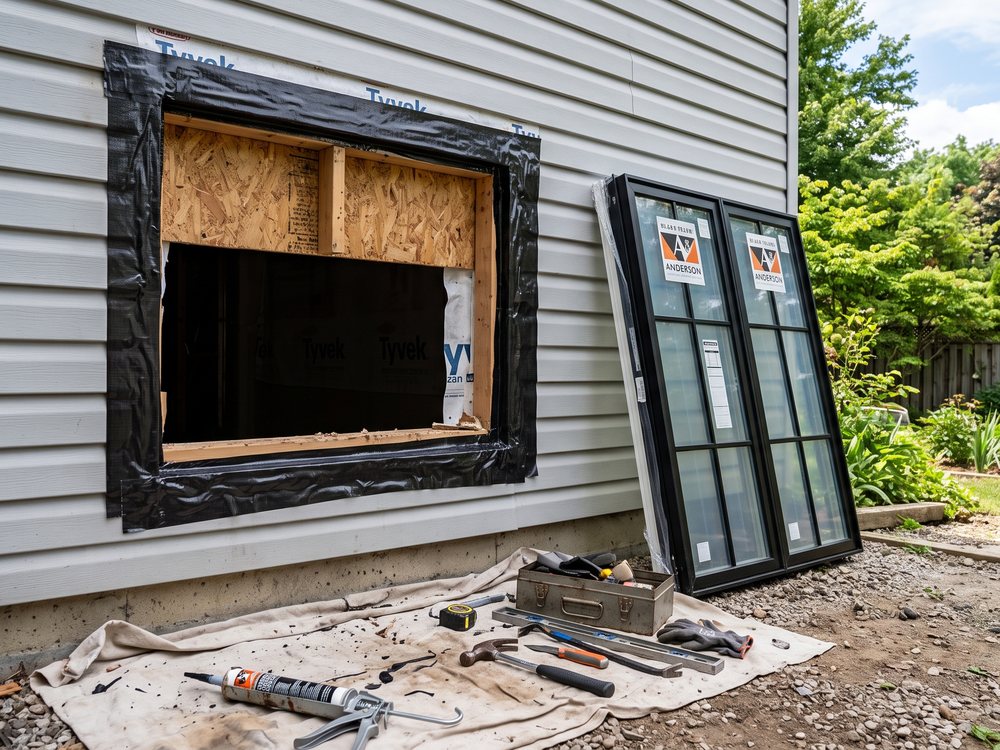 Window opening prepped with flashing tape and a new window staged for install