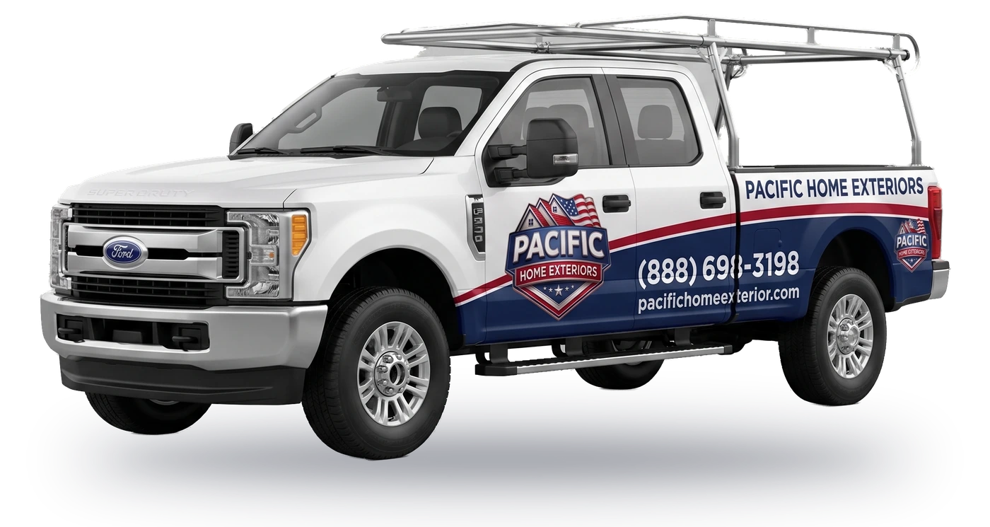 Pacific Home Exteriors branded Ford Super Duty work truck with a ladder rack