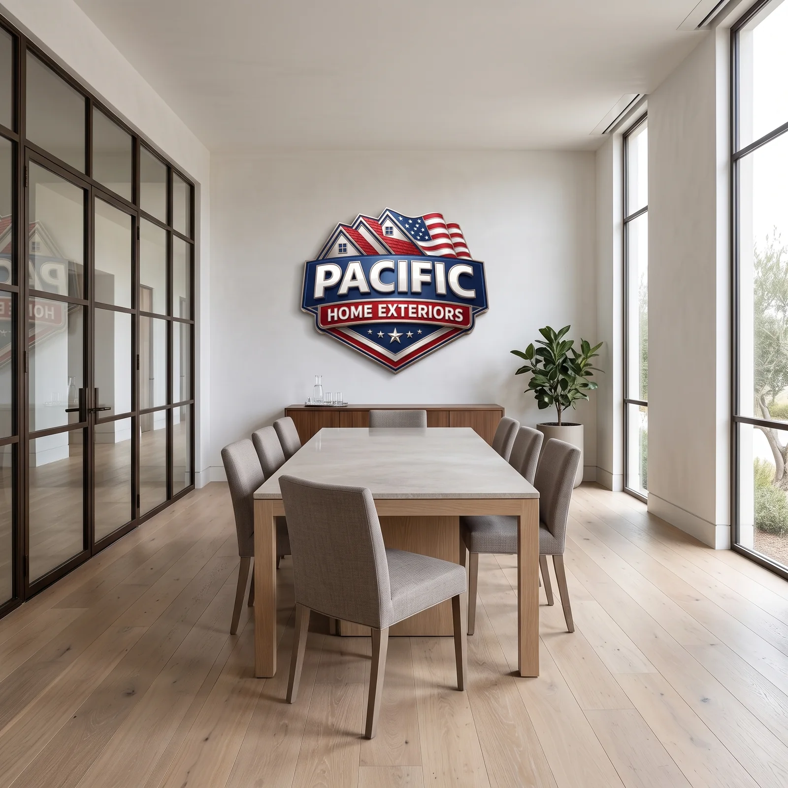 Conference table and chairs beneath the Pacific Home Exteriors badge