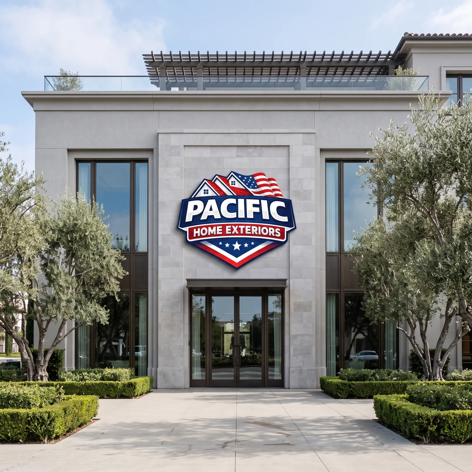 Building exterior displaying the Pacific Home Exteriors badge above the entrance