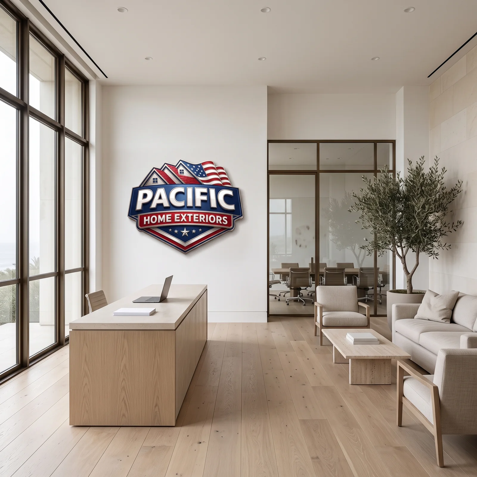 Bright reception space with the Pacific Home Exteriors badge on the wall