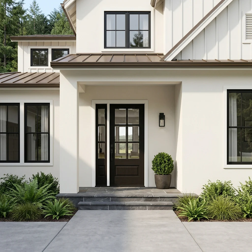 Modern farmhouse with black windows and entry door