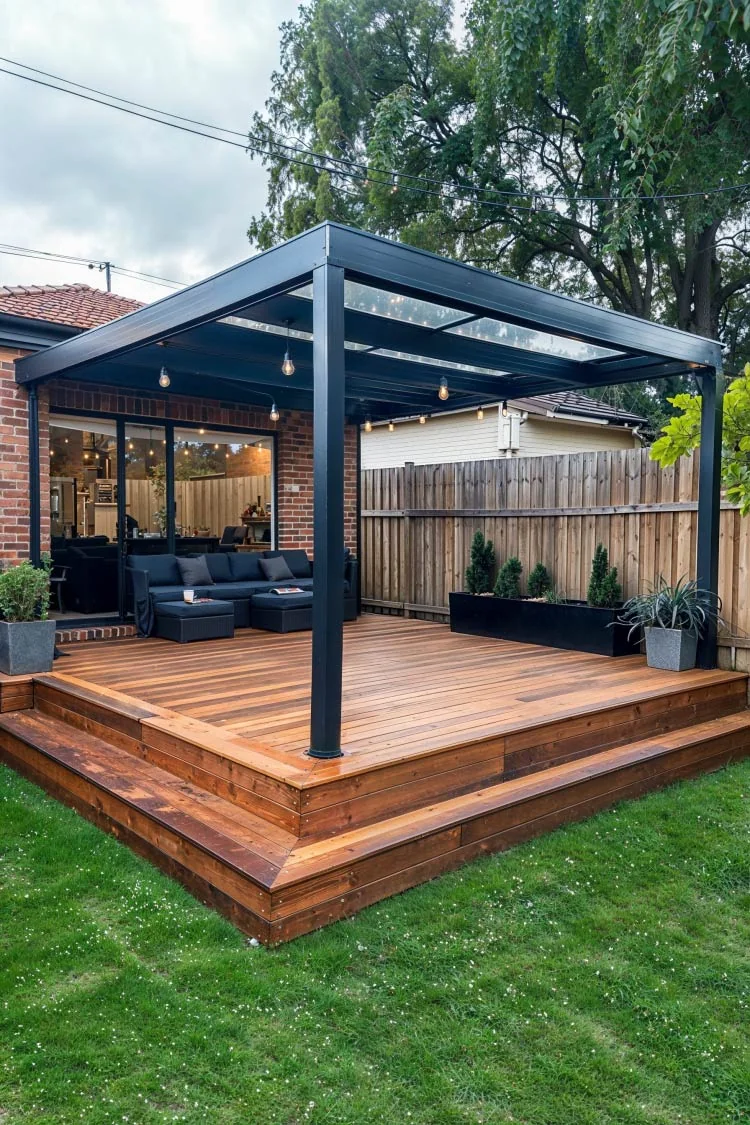 Wood patio cover over an outdoor seating area